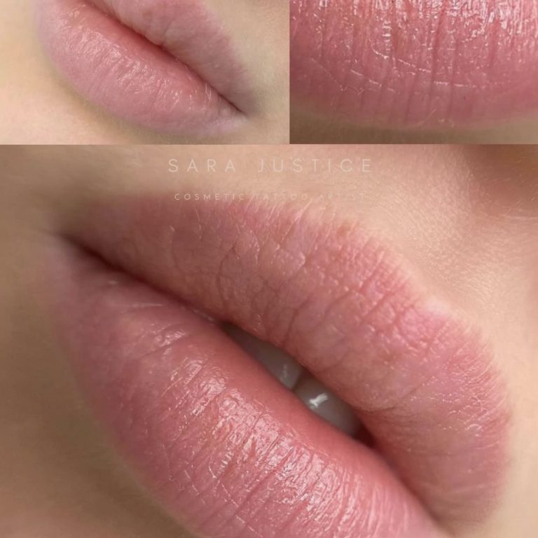 Before and after healed lip tattoo showing natural color and smooth contour