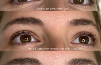 Three close-up photos of a person's eyes, showing natural eyelids, healed lash enhancement liner after one session, and results after a second session.