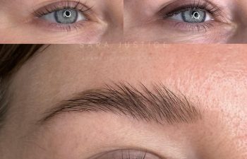 Close-up collage of a person's blue eye with natural, well-groomed eyebrows shown from different angles.