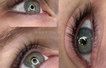 Three close-up images of a green eye with natural lashes, displaying subtle eyelid cosmetic tattoo enhancement.