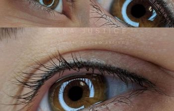 Three close-up views of a brown eye with defined eyelash lines, showing the healing process after a cosmetic procedure, with the word "Healed" written below.
