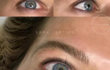 Close-up shots of a person's blue eyes and eyebrows showing detailed eyebrow microblading or cosmetic tattoo results.