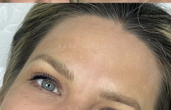 Close-up collage of a woman's face highlighting her eyebrows and green eyes, showcasing detailed eyebrow enhancement results.