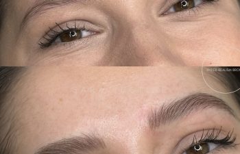 Close-up of a woman's eyes and eyebrows shown in two images: the top displays natural, sparse brows; the bottom reveals fuller, well-defined brows after microblading enhancement.