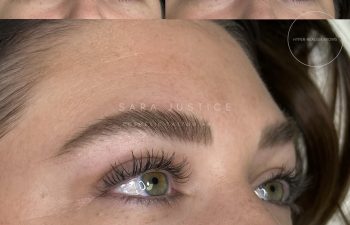Close-up collage of a woman's eyes and eyebrows from different angles, showing neatly groomed, defined brows and long lashes.