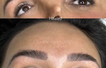 Close-up photos showing a woman's eyebrows and eyes, with two smaller images at the top right labeled "Healed," highlighting eyebrow microblading results.