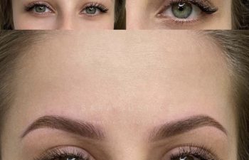 Close-up images showing a woman's eyebrows before and after cosmetic tattooing; top shows sparse brows, bottom shows fuller, defined brows.
