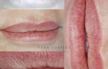Four close-up images show lips before and after a cosmetic lip tattoo procedure, illustrating changes in color and definition.