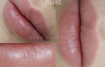 Close-up images showing natural, healed lips after a cosmetic tattoo procedure. The lips appear smooth with an even, soft pink tone. The word "Healed" appears at the top.