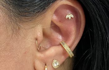 Close-up of a person's ear with four gold earrings and one gold ear cuff; the jewelry features both plain and gem-studded designs.