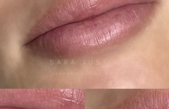 Close-up of healed lips with a subtle pink lip tattoo, a nose ring visible on the left; two inset images show the lips from different angles.