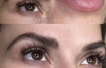 Close-up views of a woman's healed eyebrows and lips, three years after cosmetic tattooing, shown before a touch-up.