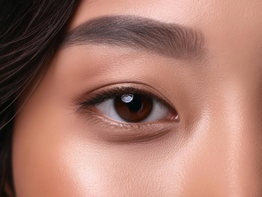 Close-up of a person's eye with smooth, natural makeup and well-groomed eyebrow. The skin appears clear and well-lit.