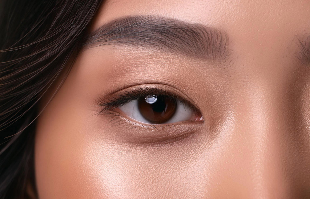 Close-up of a person's eye with smooth, natural makeup and well-groomed eyebrow. The skin appears clear and well-lit.