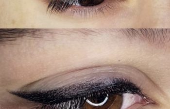 A close-up of an eye before and after makeup; the top shows a bare eyelid, and the bottom shows the eyelid with black eyeliner and enhanced lashes.