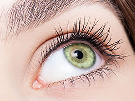 Close-up of a green eye looking upward, showing detailed eyelashes, eyebrow, and skin texture.