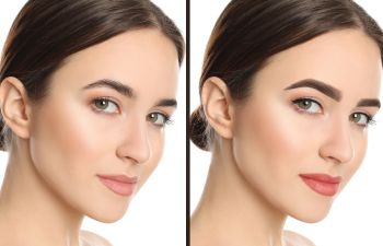 Side-by-side comparison of a woman’s face showing natural makeup on the left and bold eyebrows and lipstick on the right.