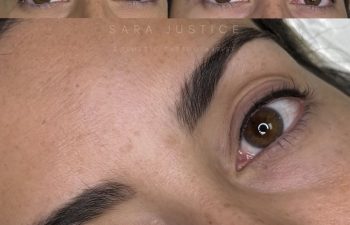 Close-up collage showing a woman's eyes and eyebrows before and after a cosmetic eyebrow tattoo procedure, highlighting fuller and more defined brows.