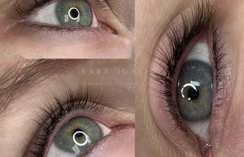 Close-up shots of a person's eye from different angles, highlighting the eyelash line and iris detail, with visible reflections of light sources.