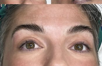 Close-up images of a woman's face focusing on her eyes and eyebrows, showing well-groomed brows and clean skin.