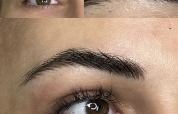 Close-up of a person's eye and eyebrow, showing fuller, well-defined eyebrows; an inset in the top left shows a comparison with a thinner eyebrow.