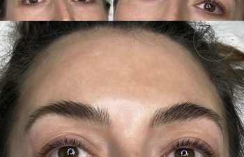 Three close-up images showing a woman's eyes and eyebrows before and after eyebrow grooming or enhancement. The images highlight fuller and more defined eyebrows.