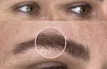 Close-up collage of an eyebrow before and after treatment, showing a transition from sparse to fuller, well-defined brows on light skin with brown eyes.