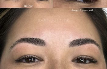 A woman's eyebrows shown before and after microblading, with close-ups displaying fuller, darker brows healed after two years.