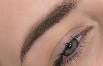 Close-up of a person's eye showing a neatly groomed eyebrow with a soft, natural appearance, labeled "Healed Powder Brow.