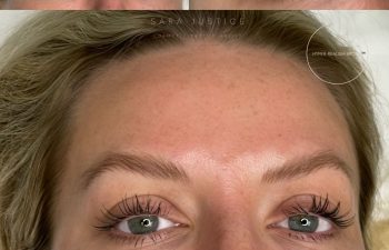 Close-up photos of a woman's face and eyes before and after an eyelash lift treatment, showing enhanced lash curl and definition.