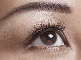 Close-up of a person's brown eye with long eyelashes and well-groomed eyebrow, looking slightly upward.